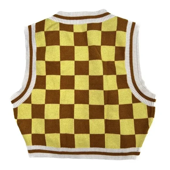 Urban Outfitters Randi Cropped Checkered Yellow Brown Sweater Vest V-Neck - NWOT - Picture 3 of 6